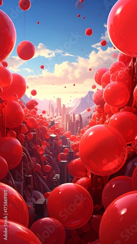 A surreal vertical art piece featuring countless red spheres seemingly floating over a mountainous landscape with a distant city