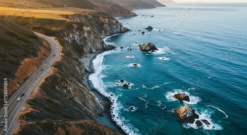 Coastal highway view ocean waves crashing against rocky cliffs under sunlight
