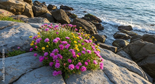 Coastal flowers bloom beside ocean waves against a rocky landscape daytime view