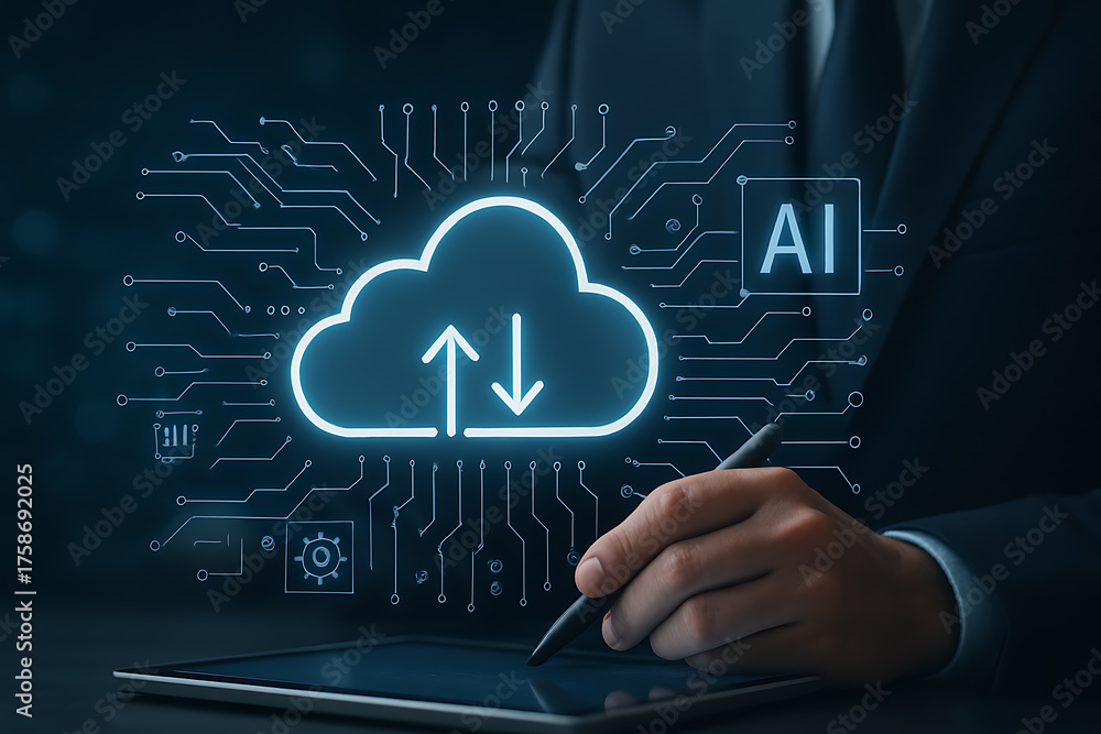Naklejka premium Cloud computing with glowing symbol upload and download icons representing AI network storage and digital technology