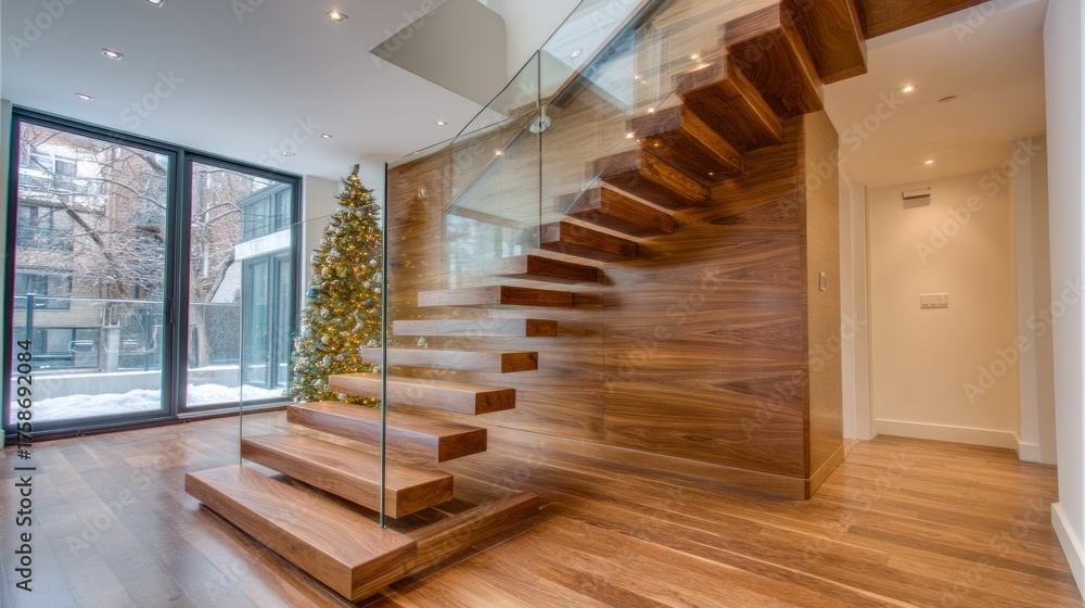 Fototapeta premium Inside a modern living room, wooden stairs lead up to a stylish upper level. A vibrant Christmas tree stands nearby, creating a warm and festive atmosphere in this inviting space