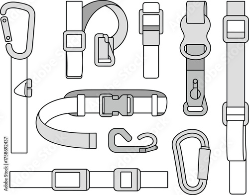 Cad drawing flat vector illustration of strap buckle carabiner and connector hardware design set for backpack belt bag accessories.