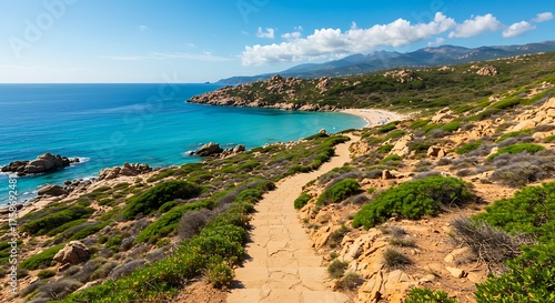 Coastal pathway serene view turquoise waters and rocky landscape