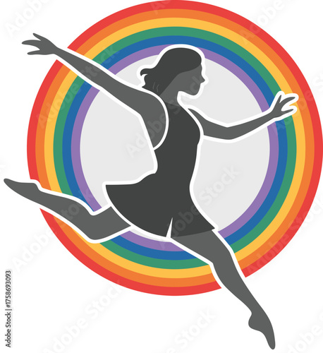 Silhouette of dancing girl jumping with colorful rainbow circle background, creative flat vector illustration for art, fitness, freedom, diversity concept.