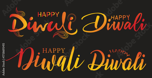 Festive Diwali Typography Collection – Four Gradient “Happy Diwali” Designs with Decorative Fonts and Flourishes