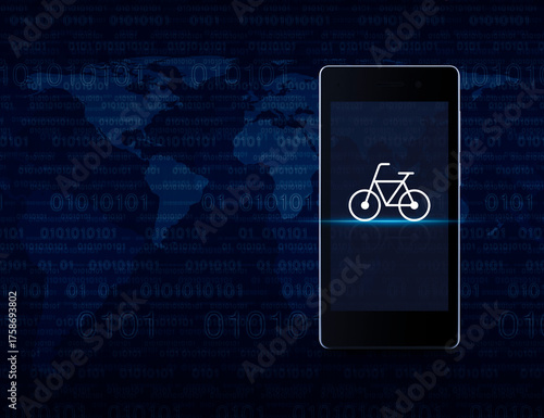 Fototapeta Naklejka Na Ścianę i Meble -  Bicycle flat icon on modern smart phone mobile screen over computer binary code blue background, Bike shop online concept, Elements of this image furnished by NASA