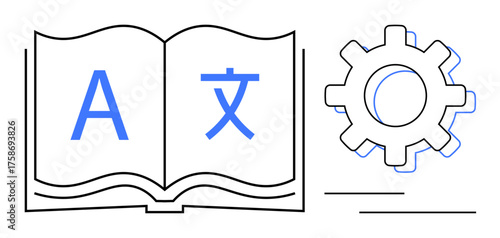 Open book with multilingual letters and a gear symbolizing automation. Ideal for education, language learning, digital tools, technology, innovation, teamwork, simple flat metaphor
