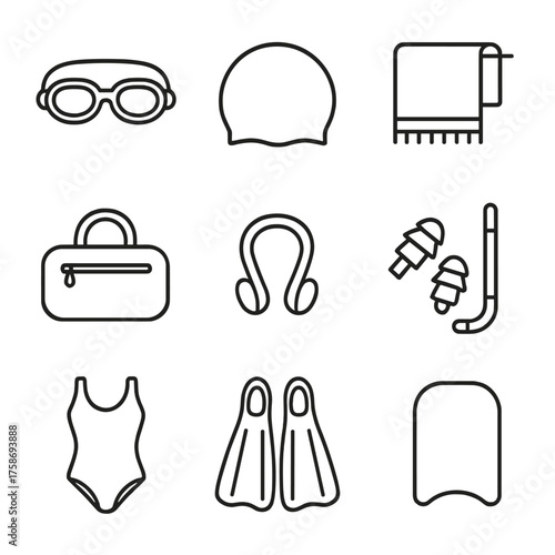 Minimalist swimming gear icons for fitness and recreation