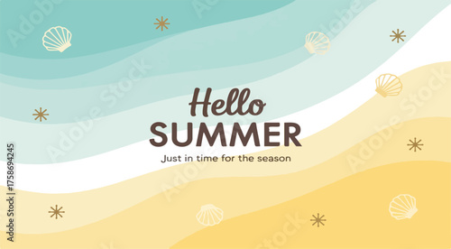 Hello Summer Beach Background Banner with Wavy Sand and Sea