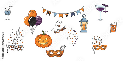 Halloween Outline Vector Icons Set with Crystal Ball, Candle, Potion Jar, Magic Wand, Spell Book - Minimal Contour Design, White Background
