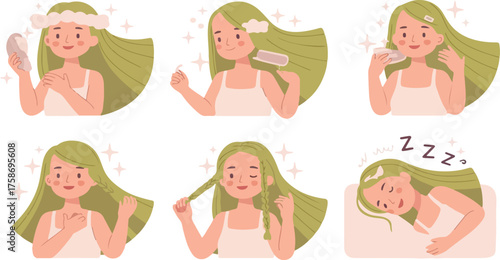 Girl with green hair routine sequence girl, hair, green, routine, sequence, brush, sleep, face, towel, bed, cartoon, illustration, woman, style, beauty, care, morning, night, wash, 