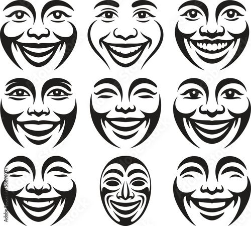 Collection of expressive cartoon faces with big smiles and laughter