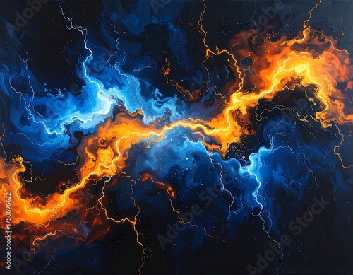 Dramatic display of fiery orange and blue lightning over darkness