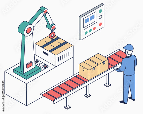 Automated production line with robotic arm and conveyor belt