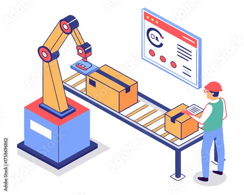 Automated factory line with robotic arm and worker monitoring data