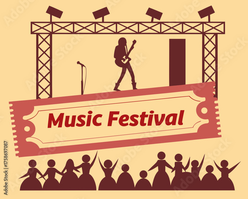 Exciting music festival poster featuring a guitarist on stage and cheering crowd
