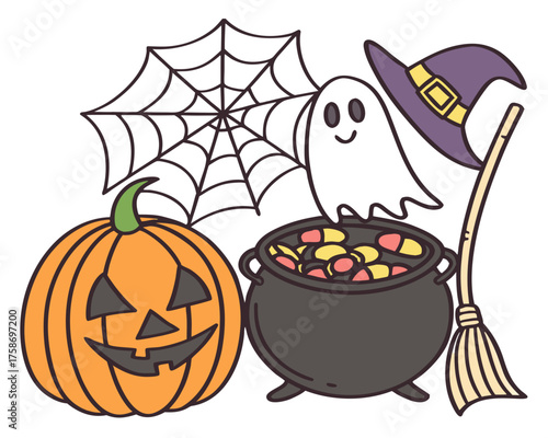 Halloween themed illustration with pumpkin and cauldron