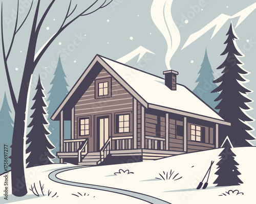 Illustration of a cozy cabin in a snowy winter landscape