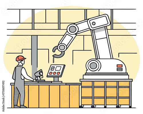 Man operating robotic arm in factory