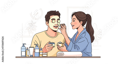 Couple doing skincare together at home, fun and bonding lifestyle moment
