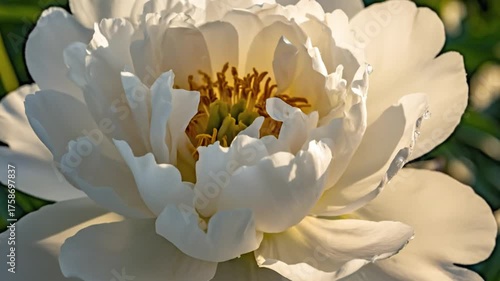 Close up of a white peony flower with dew drops in soft sunlight