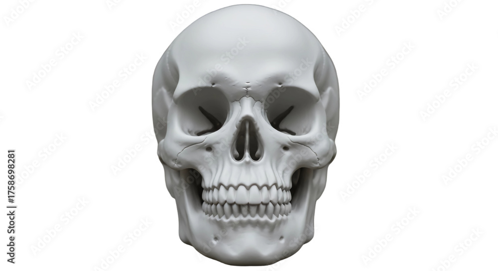 Fototapeta premium A realistic, detailed 3D render of a human skull, viewed from the front, against a pure white background.
