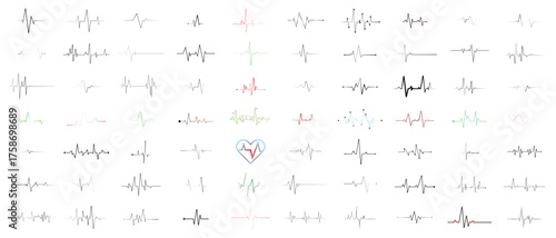 Dynamic heartbeat pulse collection for medical technology and healthcare designs, vibrant EKG waves for monitoring and digital health applications, vital sign concept with PNG
