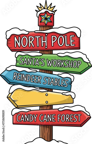 Directional sign points to North Pole and Santa's workshop in winter wonderland