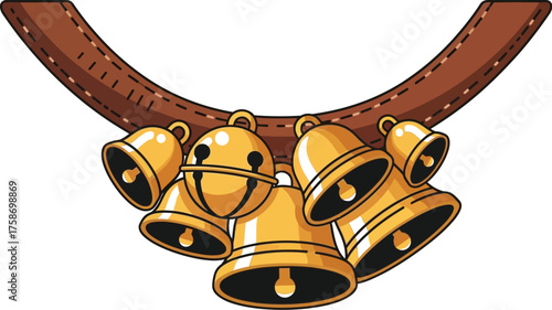 Golden jingle bells hanging from a brown leather strap for christmas decoration