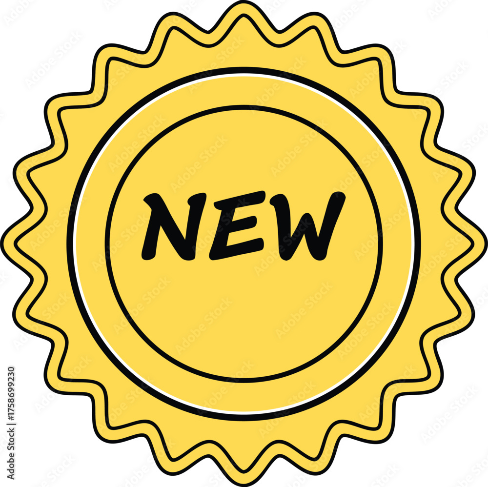 Fototapeta premium Yellow wavy edged badge with bold black new text vector
