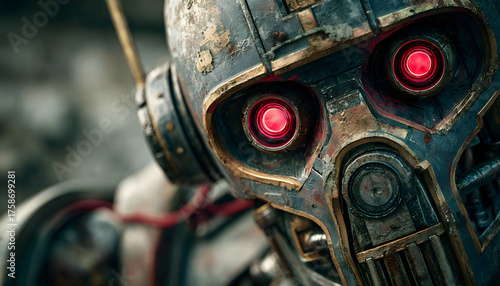 Grungy android robot head with bright red glowing eyes. Dark metallic casing and exposed wires. Futuristic machine, sci-fi horror concept. A menacing mechanical being waits.
