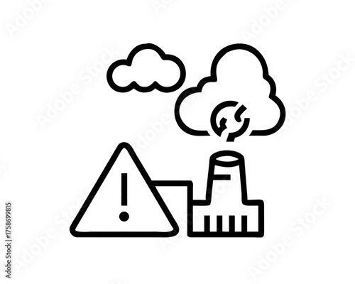 Factory emitting pollution with a warning sign