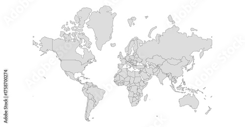 World map vector illustration with simplified global continents, clean flat design in neutral colors, editable geographic layout for infographics, presentations, corporate reports and data visualizati