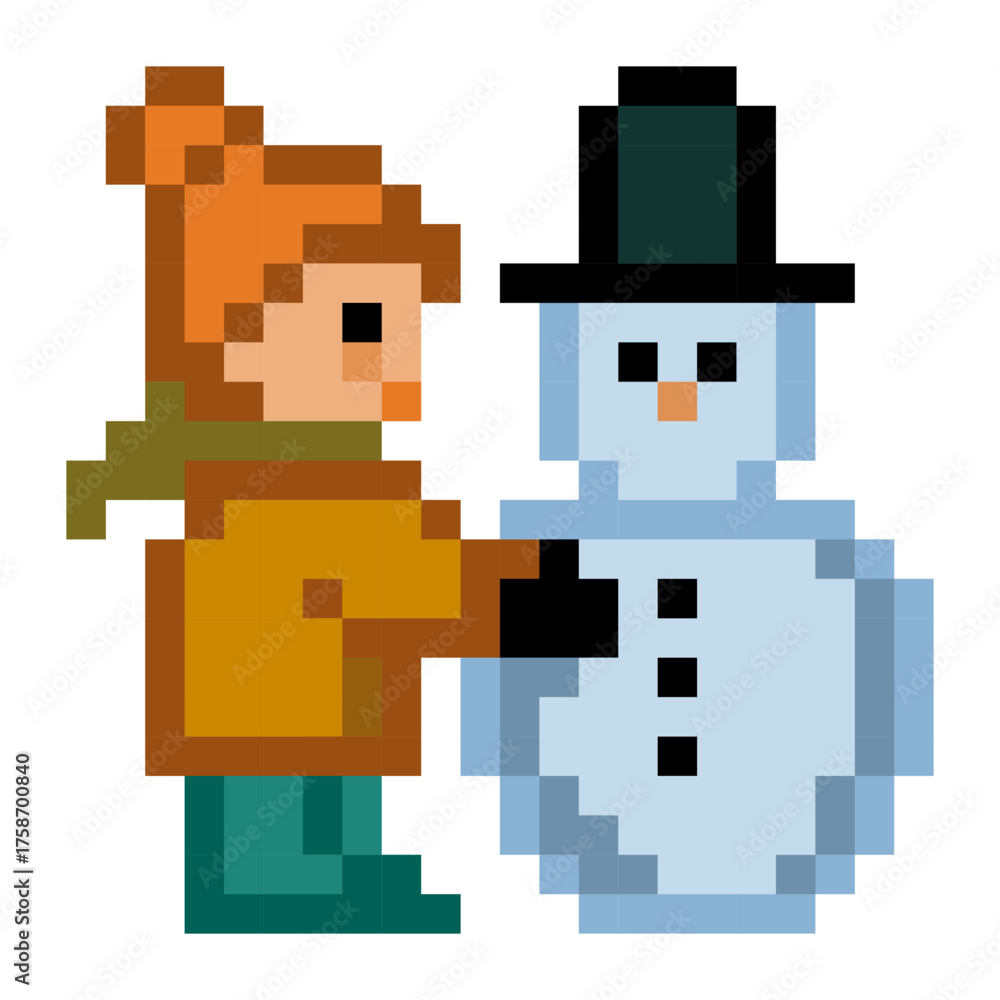 Obraz premium Girl Building Snowman Pixel Art