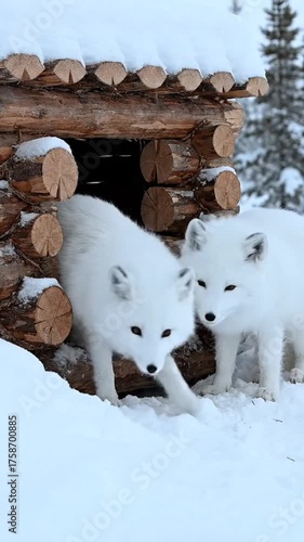 Arctic foxes explore log cabin in snowy winter landscape