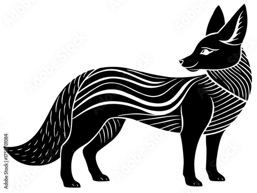 Stylized black fox silhouette with flowing white lines isolated on white background