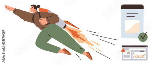 Person flying with jetpack symbolizing ambition and efficiency, accompanied by reports and graphs representing data, goals, and achievements. Ideal for innovation, productivity, business growth