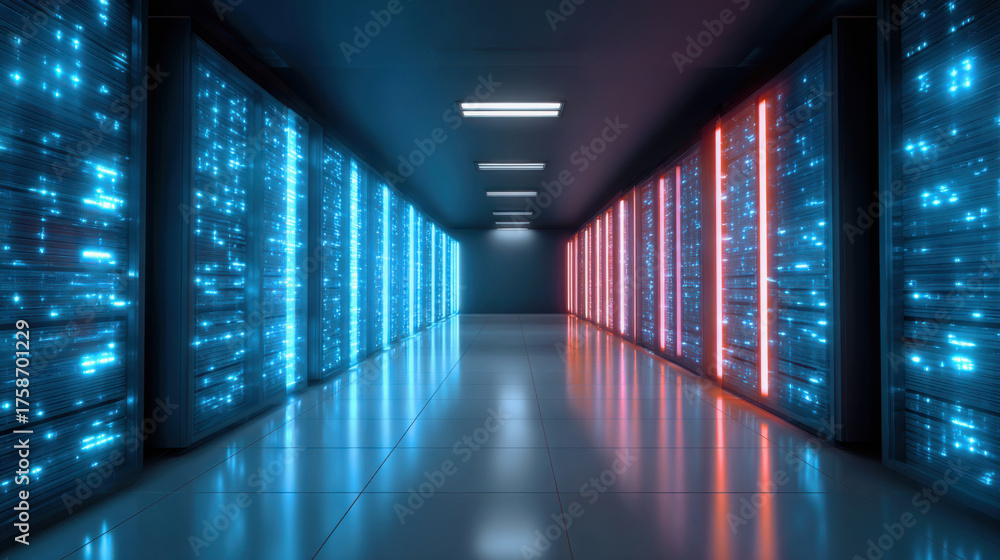 Fototapeta premium AI-powered search concept. A futuristic server room illuminated by blue and red lights, showcasing rows of sleek servers against a modern, minimalist backdrop.