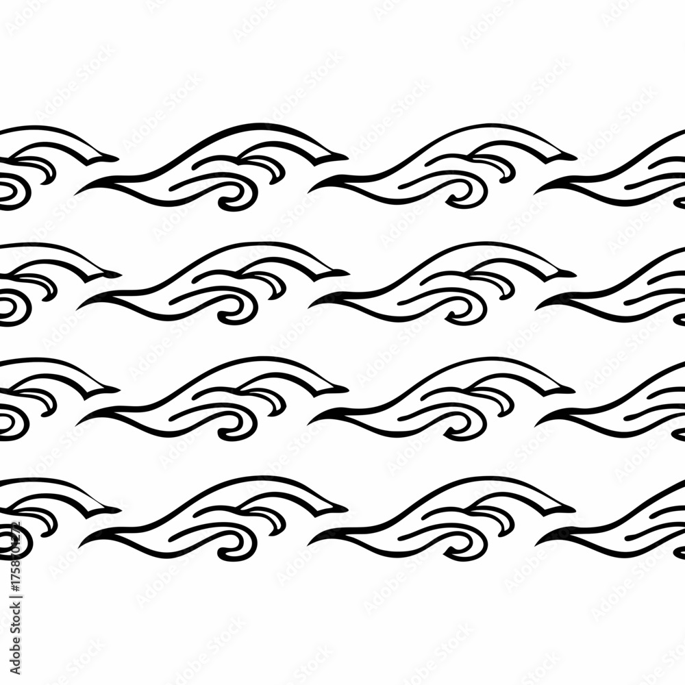 Fototapeta premium Repeating pattern of stylized black wave illustrations against a white background creating a seamless design