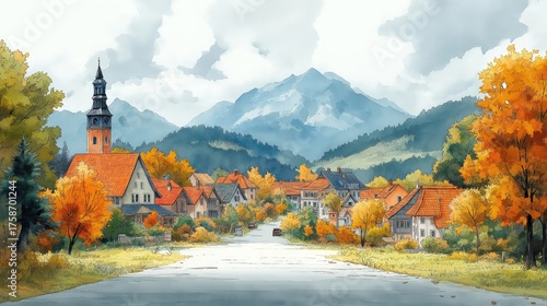 Charming European street with autumn trees