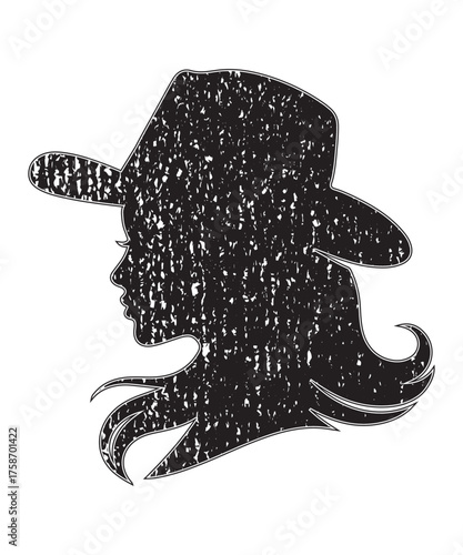 Grunge Silhouette of Cowgirl Wearing Hat Vector Art.