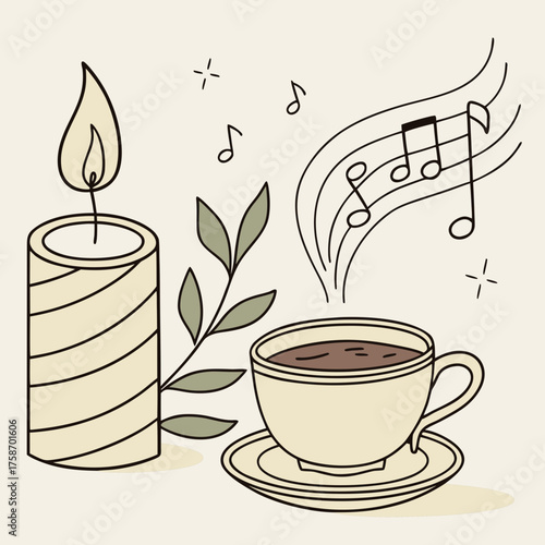 Cozy scene with candle, coffee, and music notes