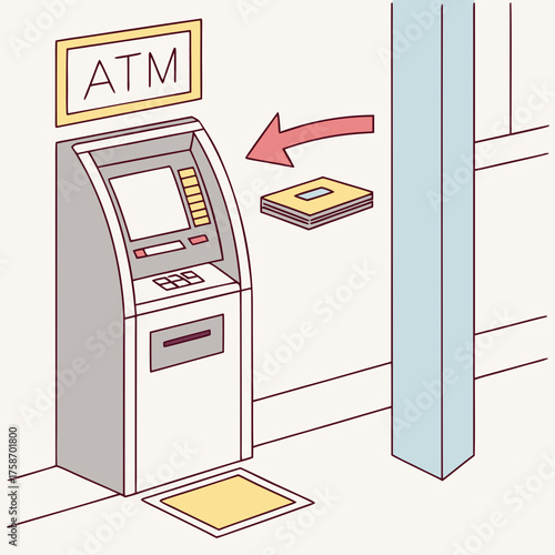 Illustration of an atm machine with a sign and an arrow pointing to money