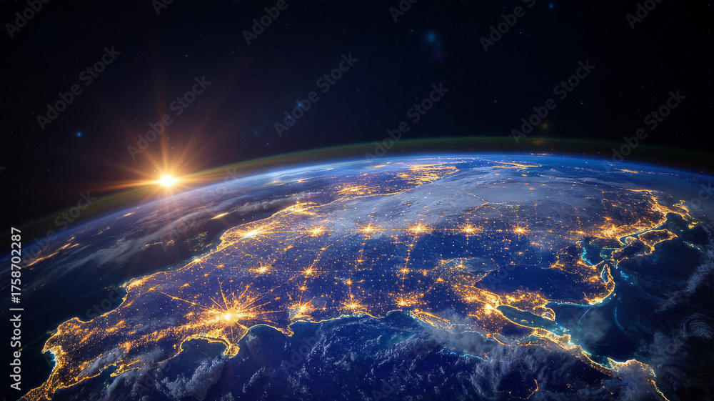 Obraz premium Sunrise over earths horizon with city lights glowing satellite
