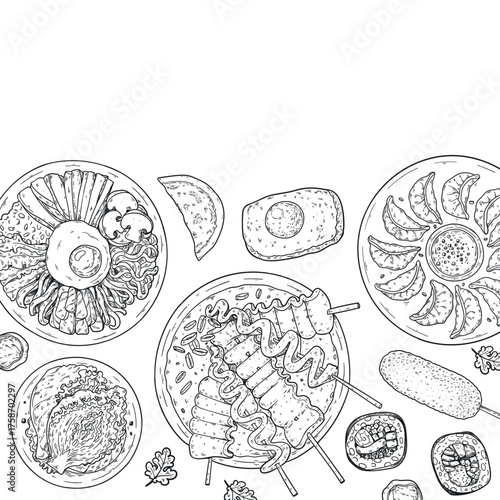Korean food frame. Hand drawn top view Korean food dishes vector sketch illustration. Bibimbap, odeng, kimcgi, mandu, corn dog, kimbap, egg bread
