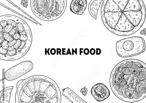 Korean food frame. Hand drawn top view Korean food dishes vector sketch illustration. Bulgogi, corndog, jjigae, kimbap, japchae, pajeon, mandu, egg bread