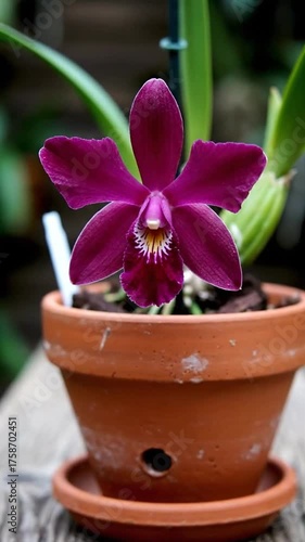 Close up of a blooming purple orchid flower in a brown terracotta pot