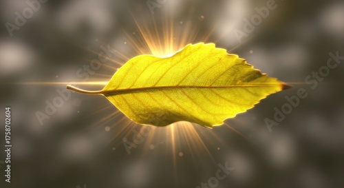 Golden autumn leaf illuminated by radiant light, symbolizing renewal, nature's beauty, and the vibrant essence of change in a serene, glowing atmosphere.