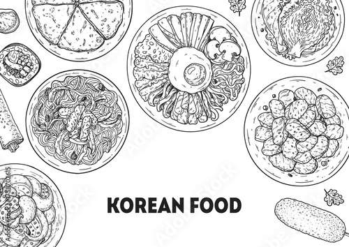 Korean food frame. Hand drawn top view Korean food dishes vector sketch illustration. Nakji bokkeum, kimbap, japchae, pajeon, bibimbap, bulgogi, kimchi, corn dog.