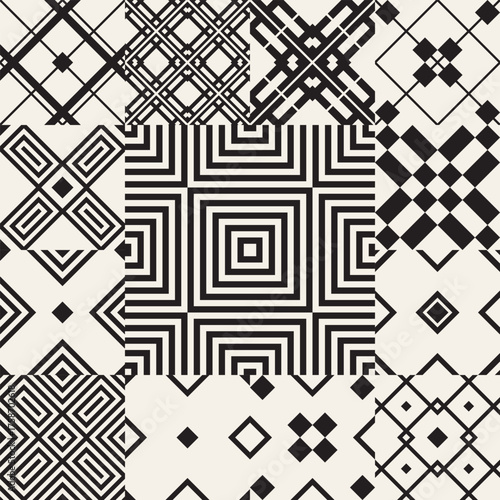 Patchwork from seamless tiles with geometric pattern. Set of modern geometric seamless Tiles. Stylish pattern for ceramic tile, wallpaper, linoleum, textile, web page background.Vector illustration